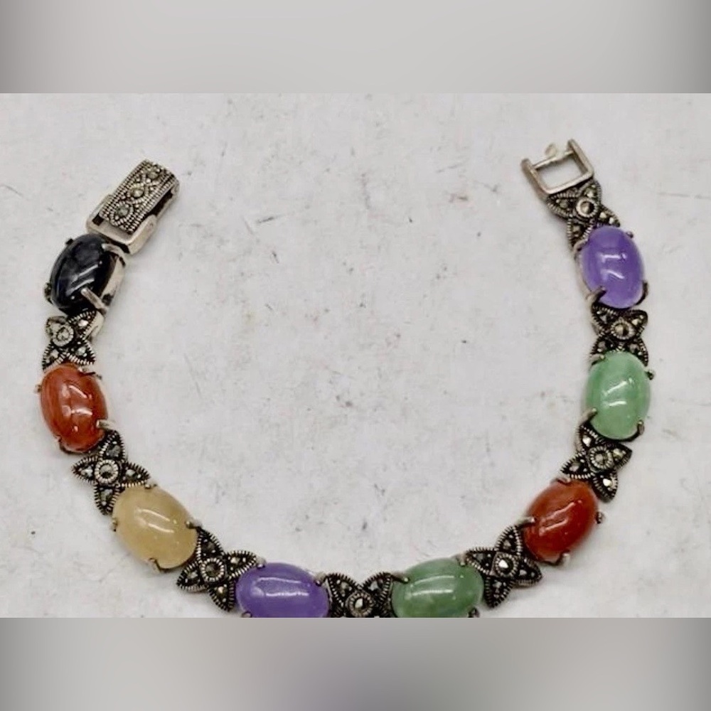 925 “GSJ” MARCASITE MULTI GEMSTONE & W/JADEITE BRACELET 7.75” Lot#53